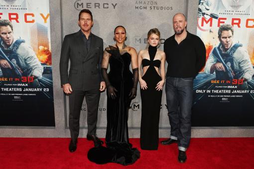 NEW YORK, NEW YORK – 20 JANVIER : Chris Pratt, Kali Reis, Kylie Rogers et Chris Sullivan lors de la première mondiale du film MERCY de Sony Pictures à l'AMC Lincoln Theatre, le 20 janvier 2026, à New York, New York (Photo : Dave Allocca / Starpix)  StarPix©2026